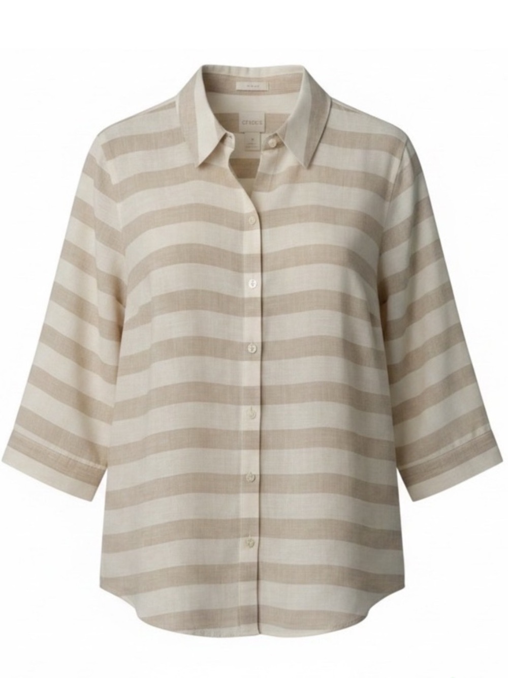 Chico's Beige White Striped Button-Down Shirt Linen No Iron size M Rebecca Pants